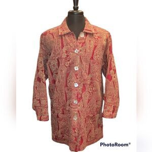 Vintage Harari Red Brocade Textured Jacket Long Sleeve Button Down Top One Size